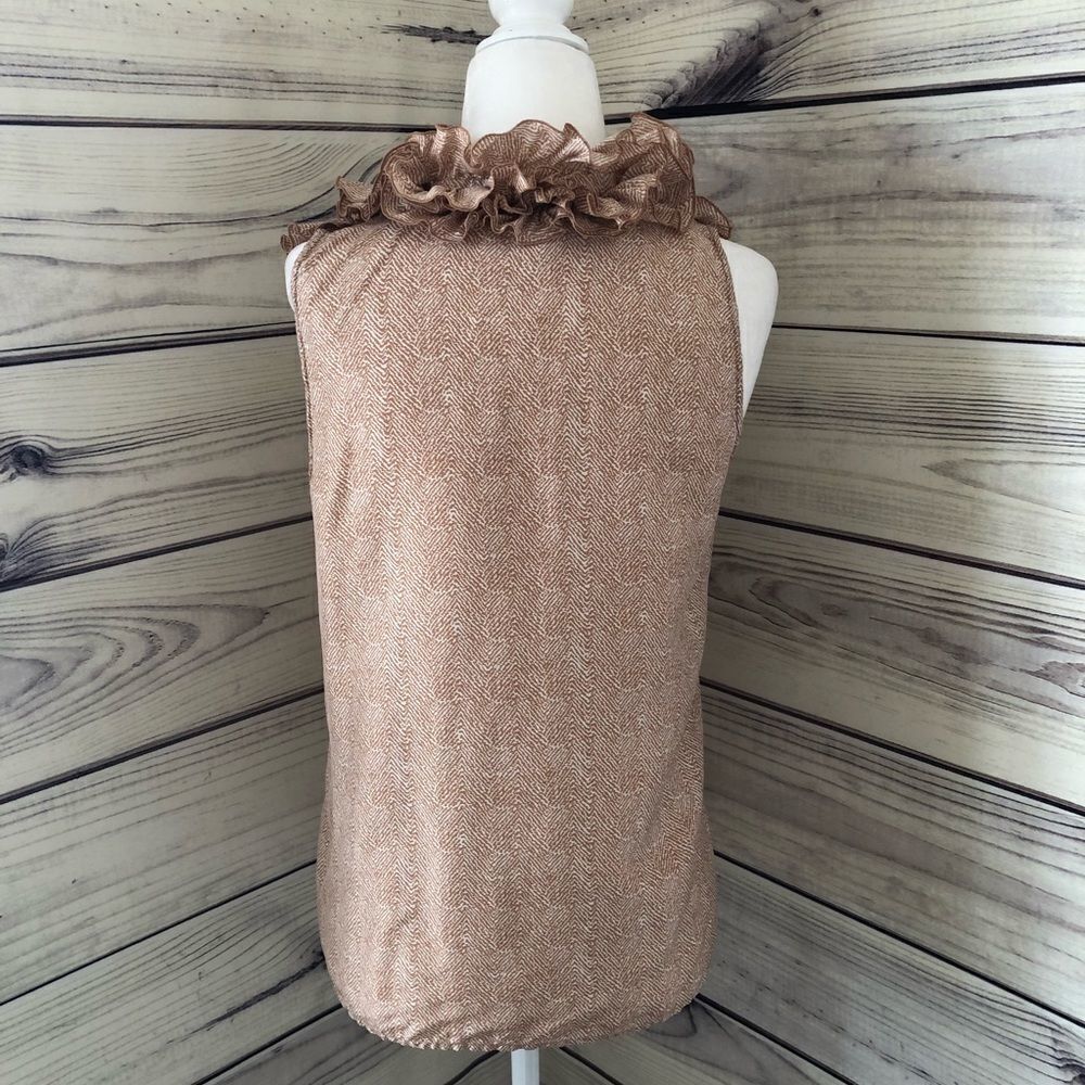 J.Crew Tan & White Patterned Silk Ruffle Collar Button Down Sleeveless Top - Picture 4 of 5